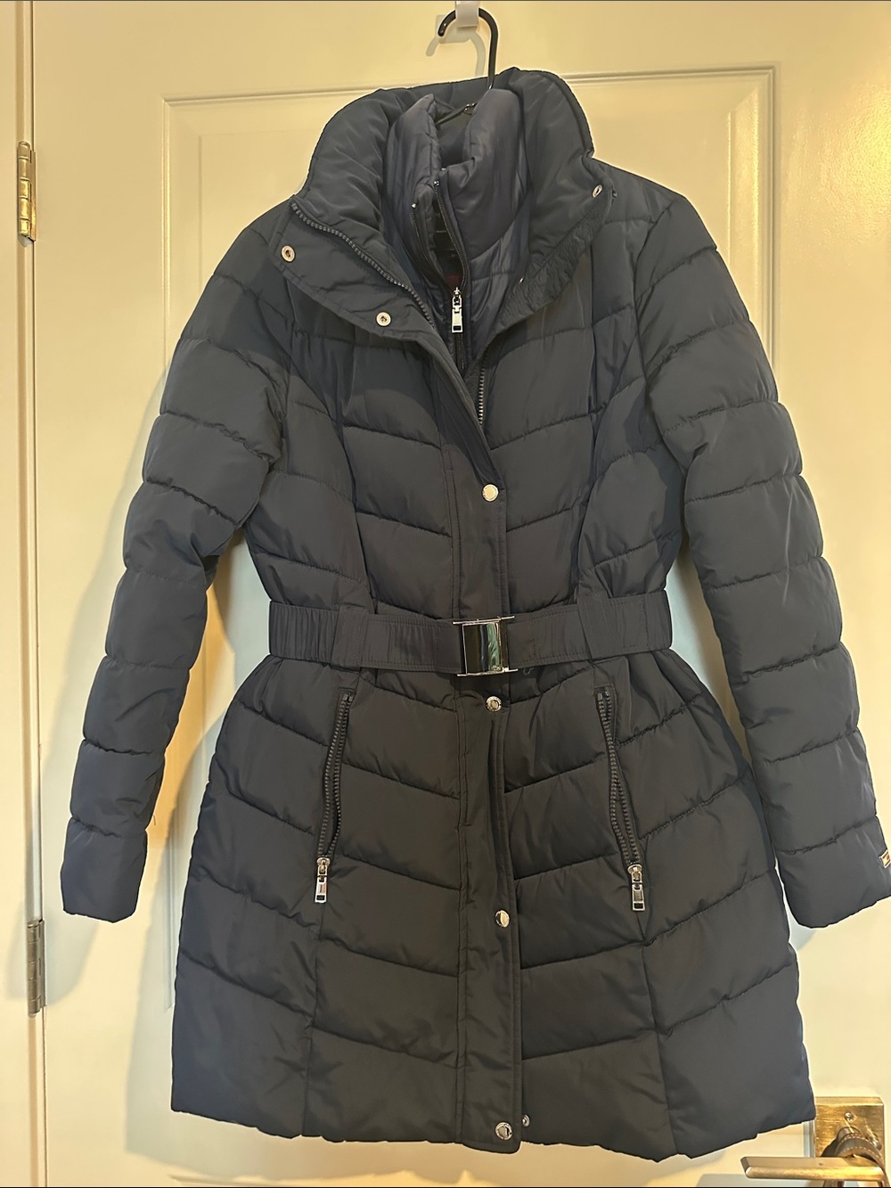 Tommy Hilfiger Navy Quilted Belted Puffer Coat